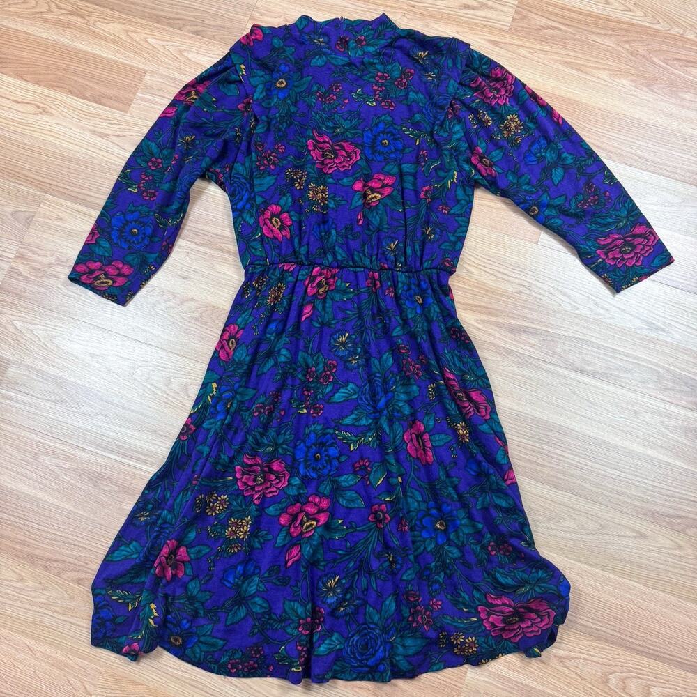 Womens Vintage 80s 90s 3/4 Sleeve Purple Floral Dress Size 16 Retro Funky Print